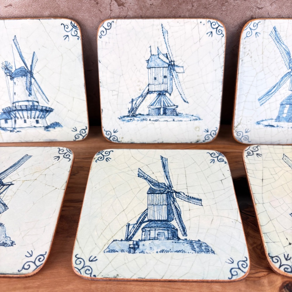 Vintage Pimpernel Windmill Acrylic Coasters Set of 6 Blue White Delft Style UK - Picture 4 of 13